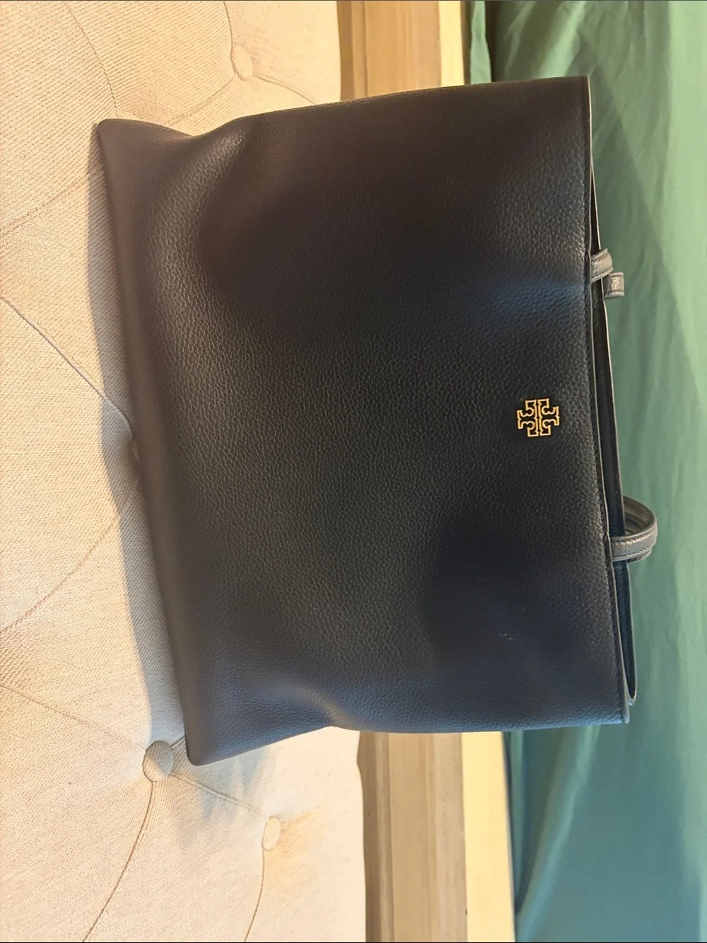Tory Burch Black Pebbled Leather Double-Strap Tote with Gold Logo